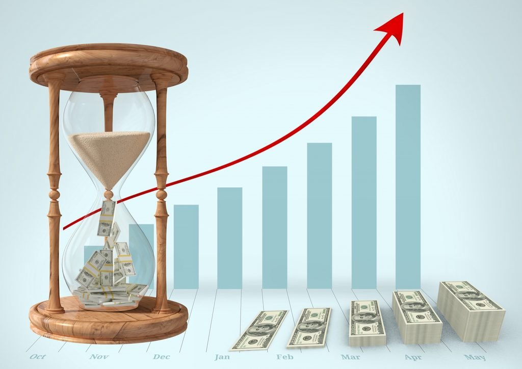 lustración de reloj de arena y gráfico de crecimiento sobre inversiones